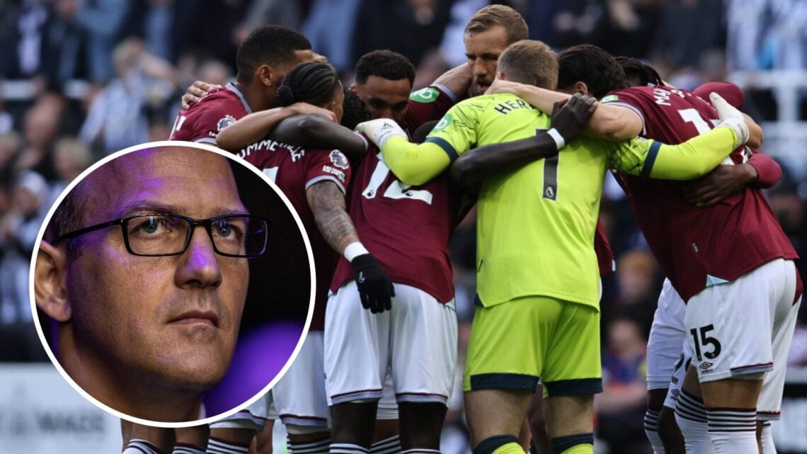 West Ham players form a huddle and, inset, new majority owner Daniel Kretinsky