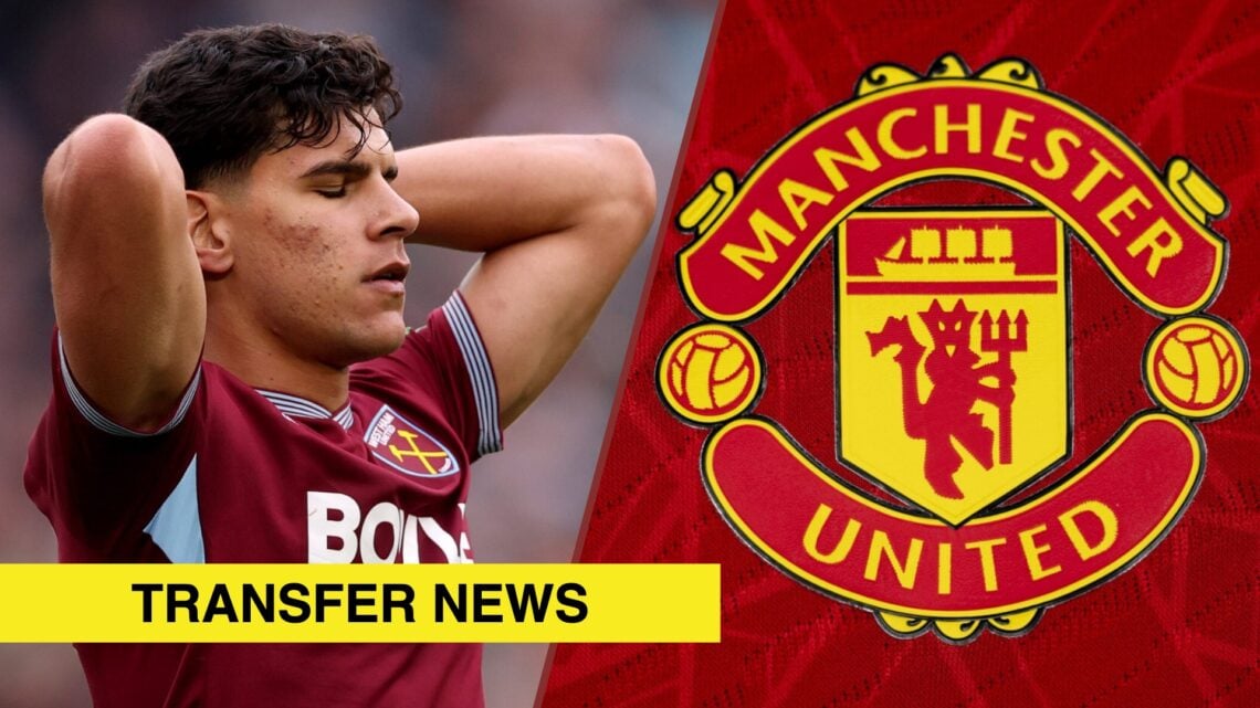 Split image showing West Ham's Mateus Fernandes and the badge of Manchester United