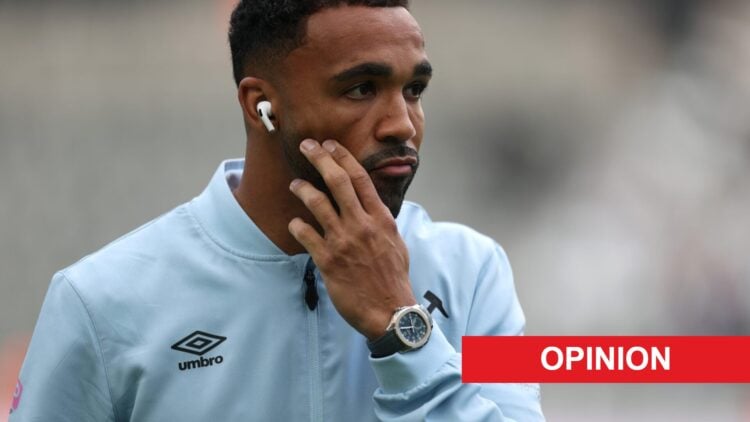 Callum Wilson inspects the pitch prior to the Premier League match between Newcastle United and West Ham United. An 'opinion' banner has been added.