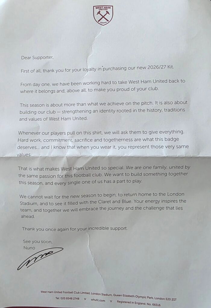 Letter from head coach Nuno Espirito Santo to West Ham fans who purchase the club's new 2026/27 kit