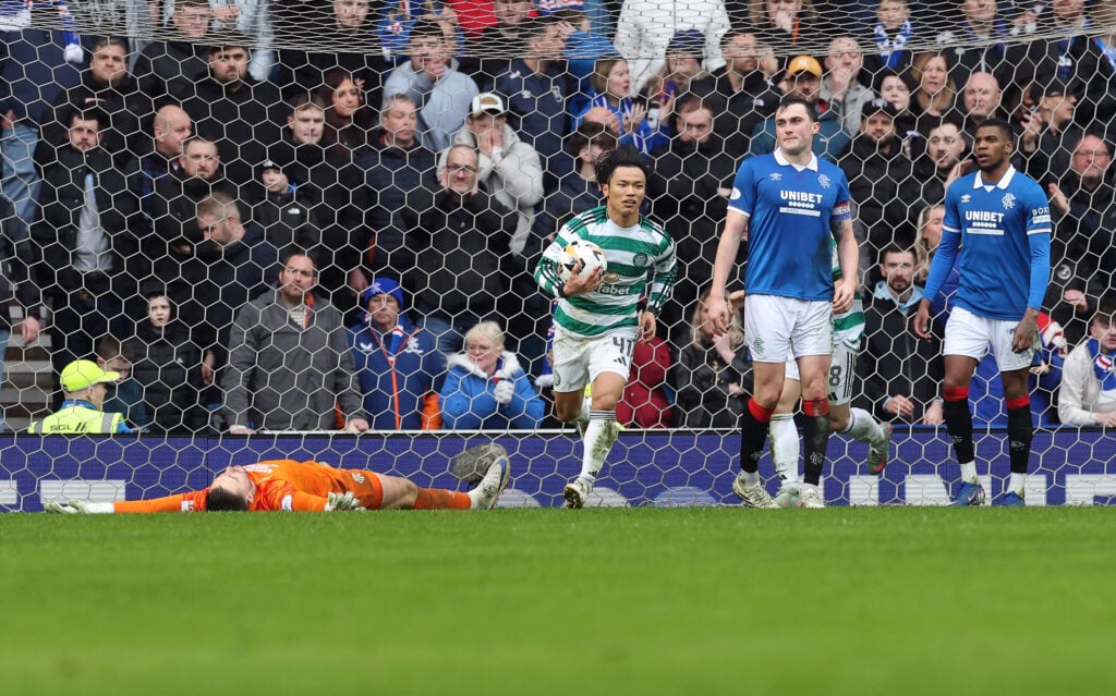 Celtic's Reo Hatate celebrates scoring against Rangers