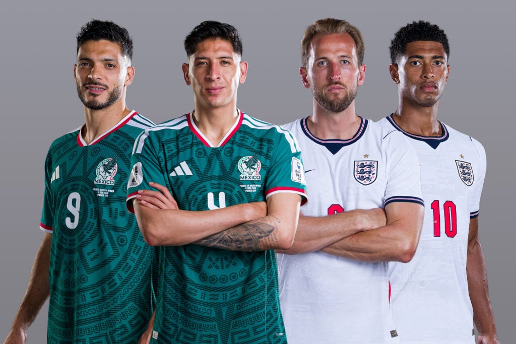 Edson Alvarez (left of centre) with Raul Jimenez of Mexico alongside Harry Kane and Jude Bellingham of England