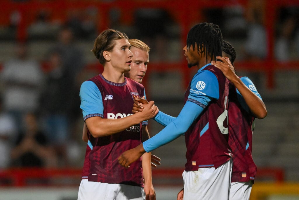 Jett Murphy of West Ham United celebrates his goal during the pre-season friendly match between Stevenage and West Ham United at the Lamex Stadium in Stevenage, United Kingdom. (Photo by Kevin Hodgson/MI News/NurPhoto via Getty Images)