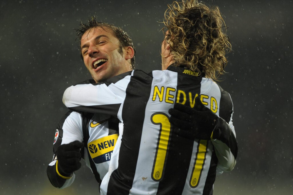 Juventus forward Alessandro Del Piero celebrates with Pavel Nedved