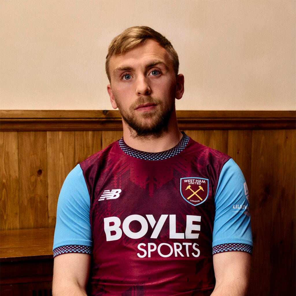 West Ham captain Jarrod Bowen models the club's new New Balance home shirt