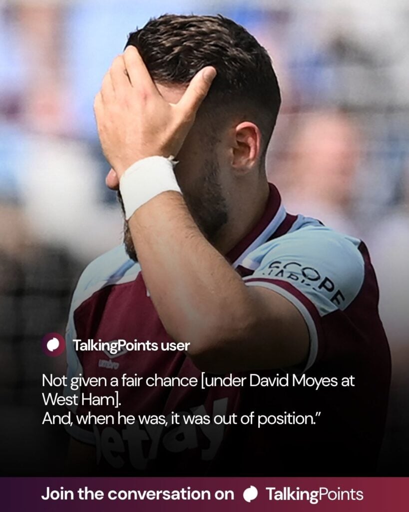 West Ham United's Coatian midfielder Nikola Vlasic reacts after tackling Burnley's English midfielder Ashley Westwood during the English Premier League football match between West Ham United and Burnley at the London Stadium, in London on April 17, 2022.