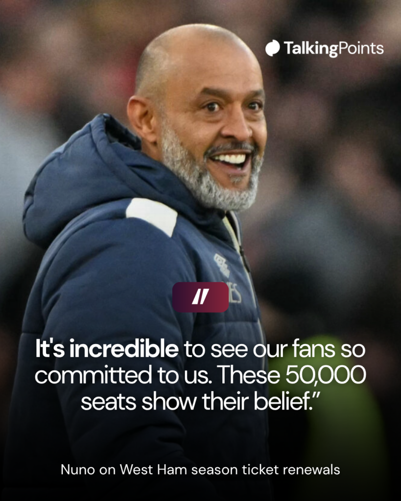 West Ham United's Portuguese head coach Nuno Espírito Santo smiles on the final whistle of the English Premier League football match between West Ham United and Newcastle United at the London Stadium, in London on November 2, 2025. West Ham won the game 3-1.