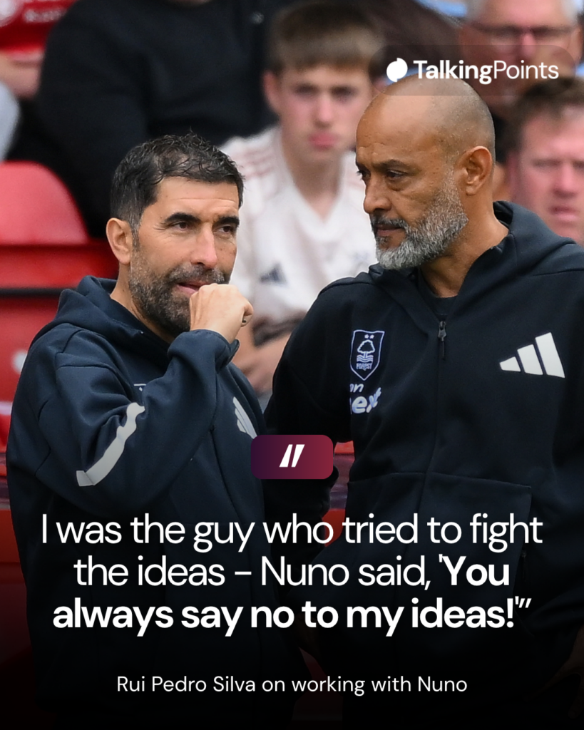 Rui Pedro Silva, Nottingham Forest assistant manager, and Nuno Espirito Santo, Nottingham Forest head coach, discuss tactics during the Premier League match between Nottingham Forest and West Ham United at the City Ground in Nottingham, United Kingdom, on August 31, 2025.