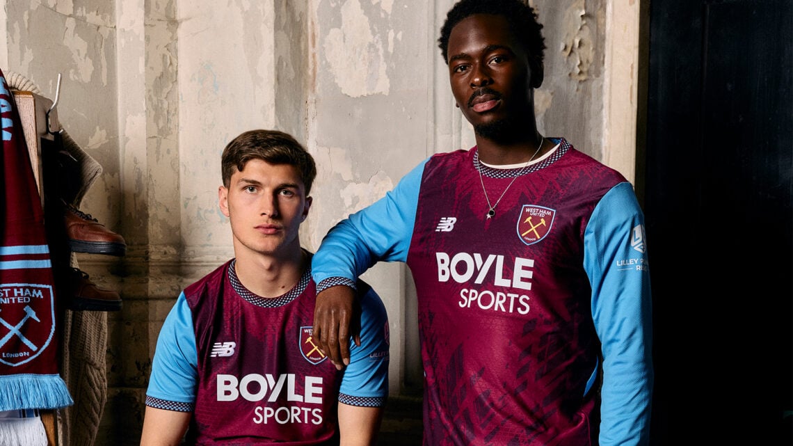 West Ham midfielders Soungoutou Magassa and Freddie Potts model the club's new New Balance home shirt