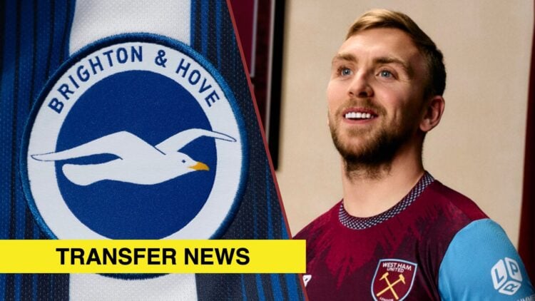 Split image showing Brighton club badge and West Ham United's Jarrod Bowen
