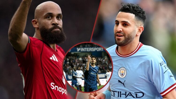 Split image showing Bryan Mbeumo of Manchester United, Riyad Mahrez at Manchester City, and Troyes' Martin Adeline