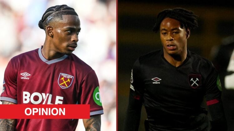 Split image showing Crysencio Summerville and Josh Ajala of West Ham United