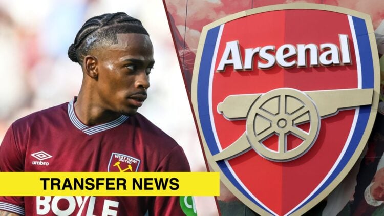 Split image showing Crysencio Summerville of West Ham United and the Arsenal badge outside the Emirates Stadium