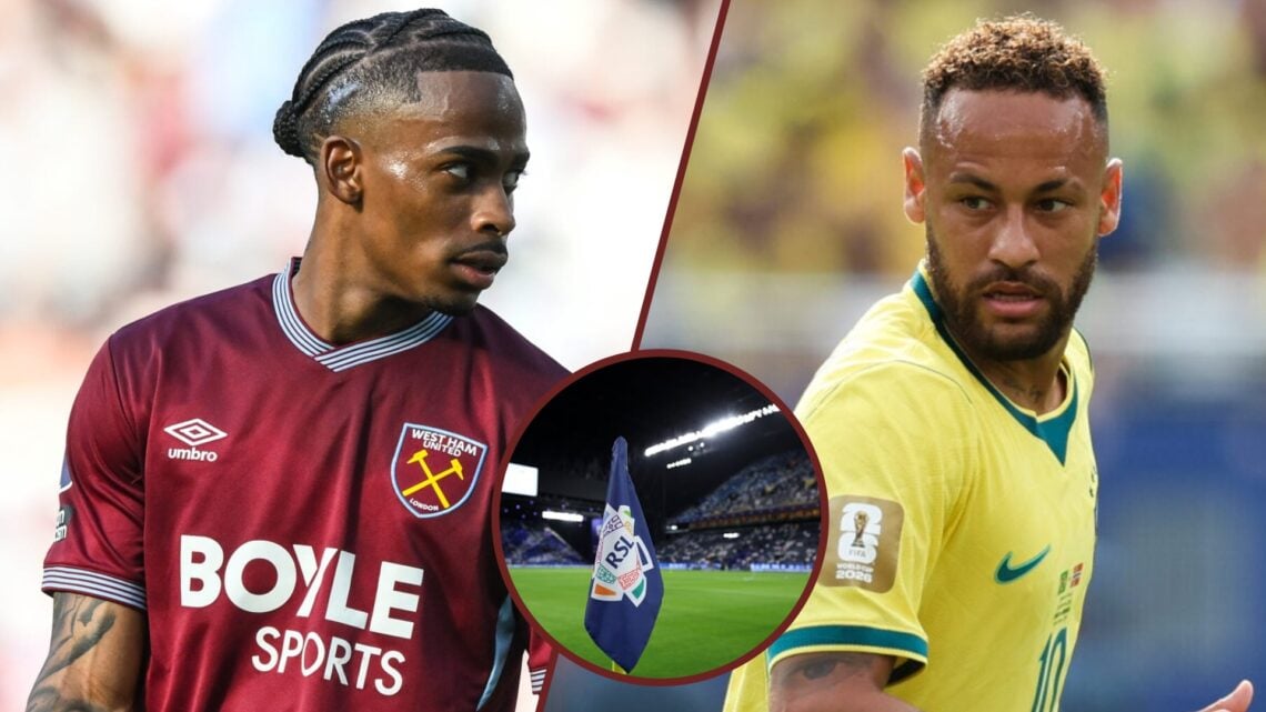 Split image showing Crysencio Summerville of West Ham United, Neymar of Brazil, and the Saudi league badge