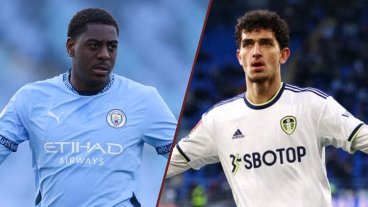 Split image showing Divin Mubama of Manchester City and Sonny Perkins at Leeds United