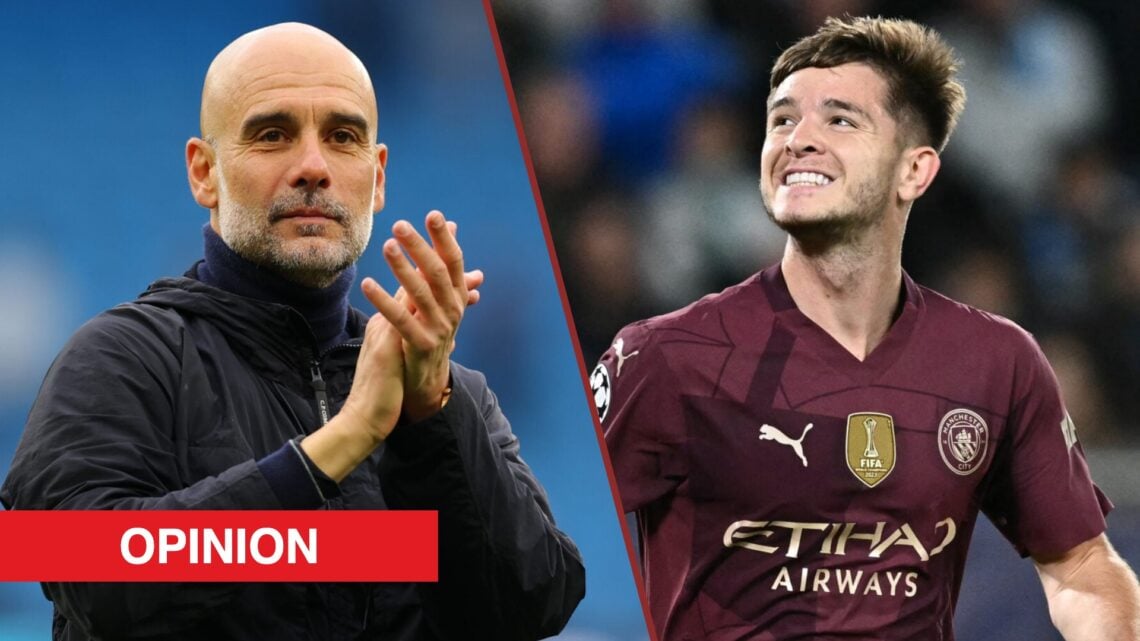 Split image showing Former Manchester City manager Pep Guardiola and James McAtee