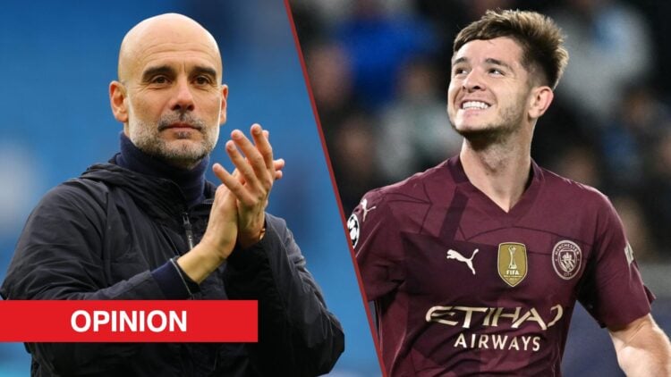 Split image showing Former Manchester City manager Pep Guardiola and James McAtee