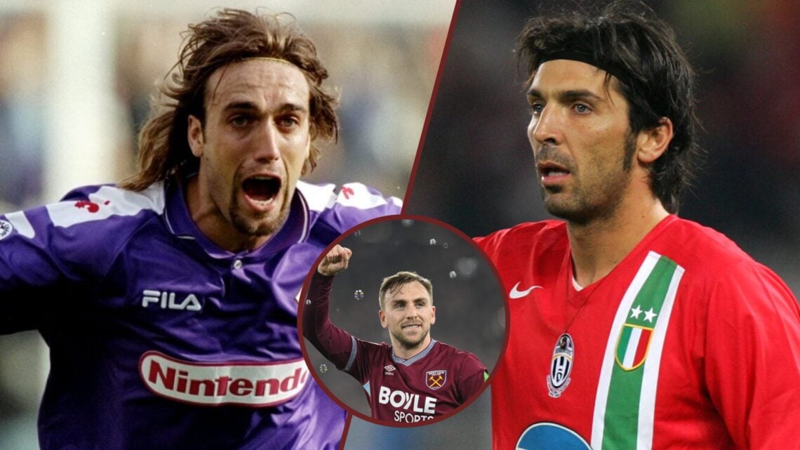 Split image showing Gabriel Batistuta of Fiorentina, Gianluigi Buffon of Juventus, and Jarrod Bowen of West Ham United
