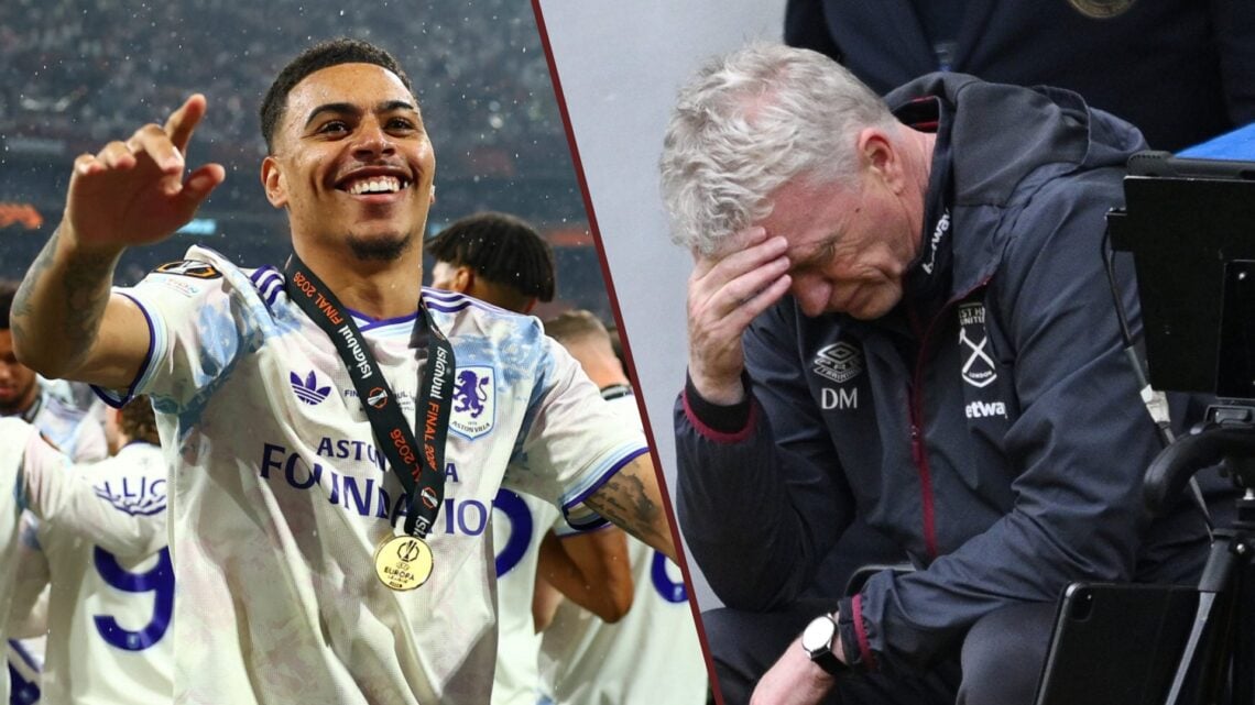 Split image showing Morgan Rogers of Aston Villa and David Moyes at West Ham United