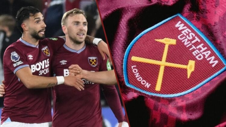 Split image showing Taty Castellanos celebrating zwith Jarrod Bowen and new West Ham United kit