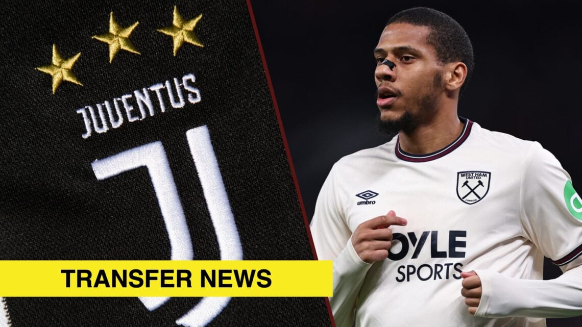 Split image showing the Juventus badge and Jean-Clair Todibo of West Ham United